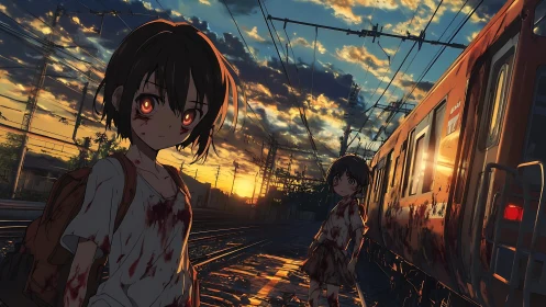 Bloodstained anime girls stand by empty train at sunset.