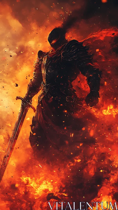 Inferno-clad abyssal knight stalking through living fire.