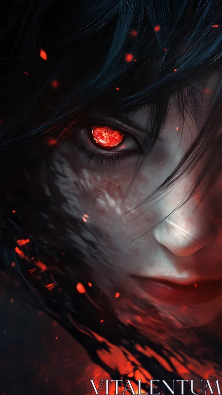 Female face with glowing red eye framed by dark flowing hair