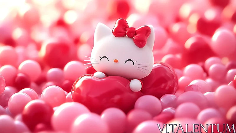 Hello Kitty with Red Bow on Heart Among Pink Spheres.