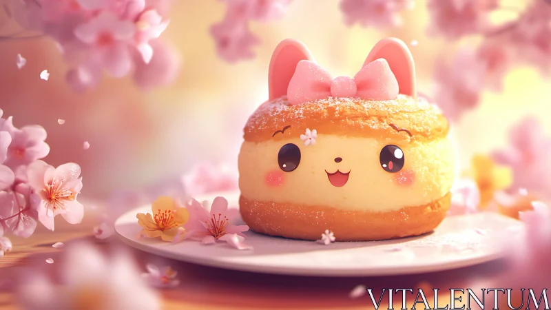 Stylized pastry character with pink bow on plate among blossoms