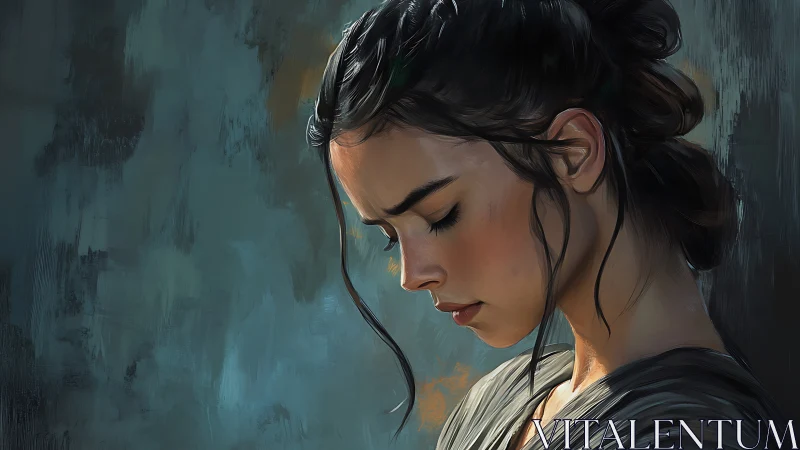 Side profile portrait of pensive young woman in blue tones.