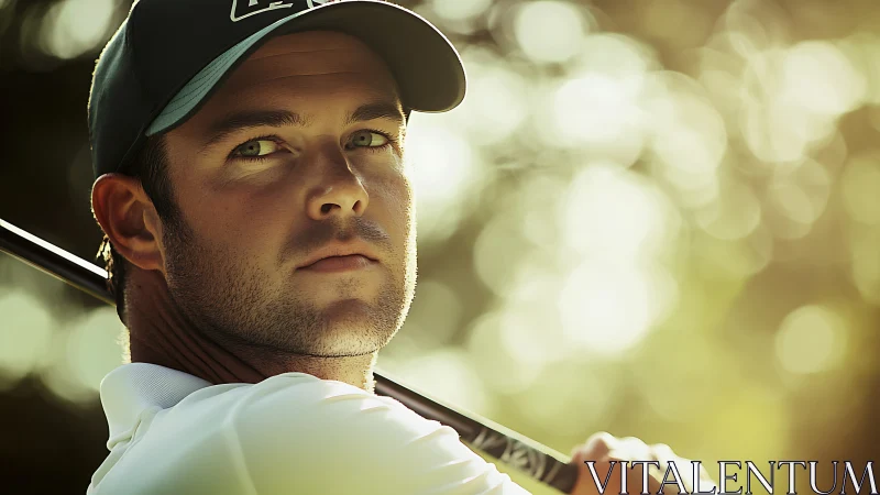 Male golfer holds club in shallow depth of field portrait