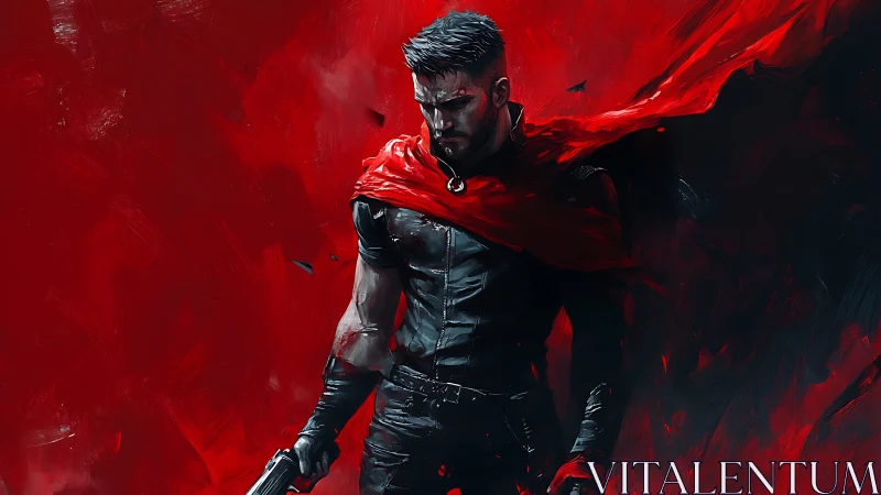 Red-cloaked cyber vigilante stands in high-contrast chiaroscuro