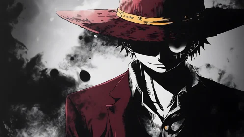 Dark anime figure in red coat and hat with stark shadows.