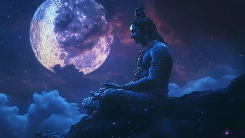 Moonlit meditating deity rests above luminous night clouds.