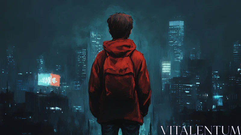 Lone red-hooded wanderer dreaming above electric night city.