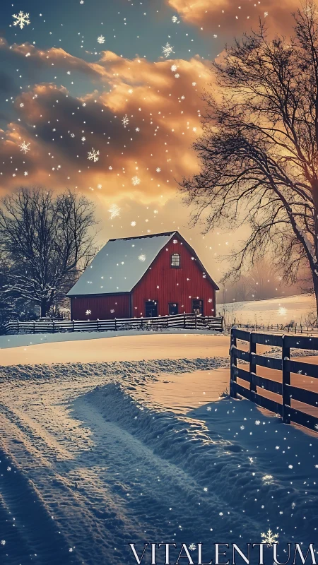 Red barn under snowfall rendered in warm cinematic lighting