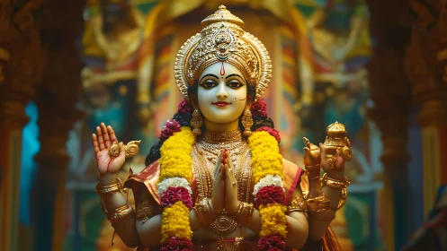 Hindu deity statue stands richly adorned in temple shrine