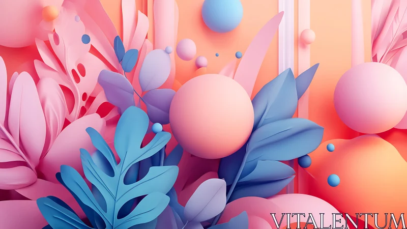 Soft pastel leaves and spheres create a playful abstract garden