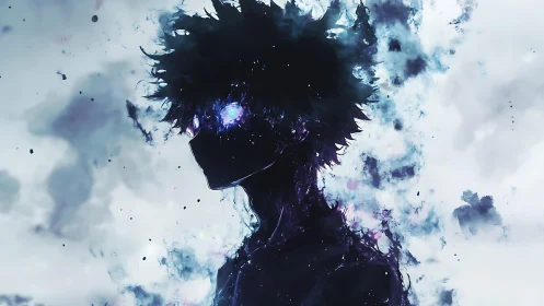 Shadowed energy figure dissolves into swirling cosmic mist.