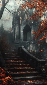 Gothic mausoleum crowns misty stair under crimson leaves.