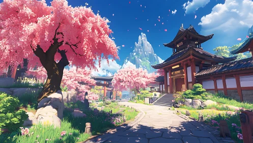 Cherry blossoms brighten a peaceful temple garden path