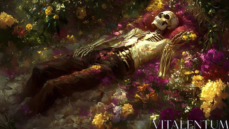 Human skeleton lying in dense flower bed outdoors.