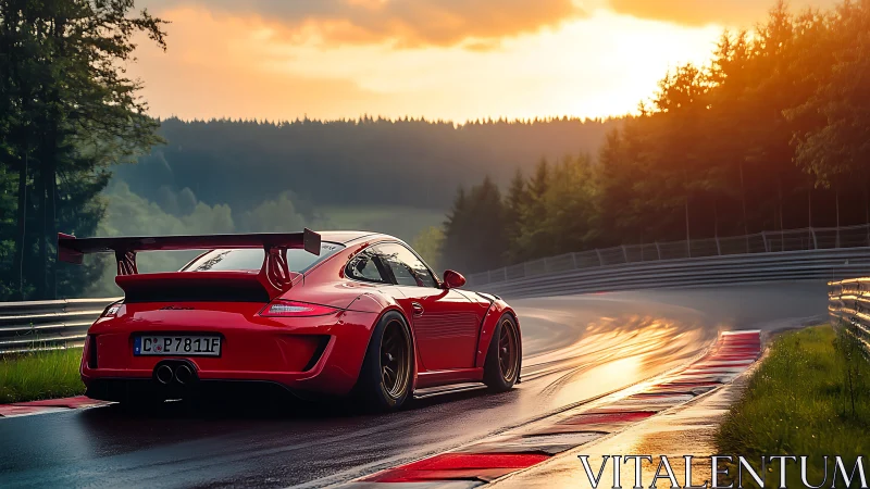 Sunlit red track car chasing the last glow of evening.