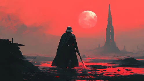 Lone armored wanderer walks toward a crimson moonlit tower
