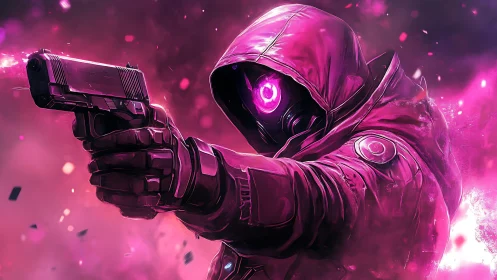 Cybernetic hooded gunman aims weapon in neon magenta haze