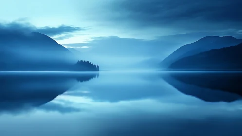 Blue hour mountain lake with mist, mirror-smooth water surface