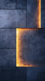 Oxidized steel wall panels intersected by vertical amber backlight