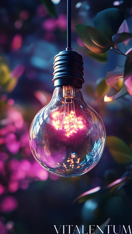Suspended glass bulb encasing neon filaments in floral bokeh