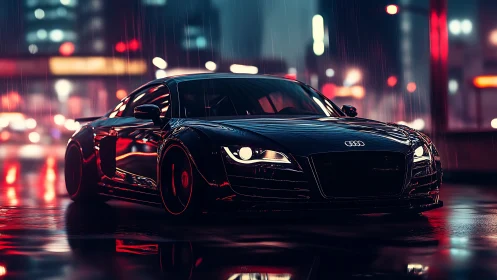 Sleek black Audi coupé idles under neon rain in cyber cityscape