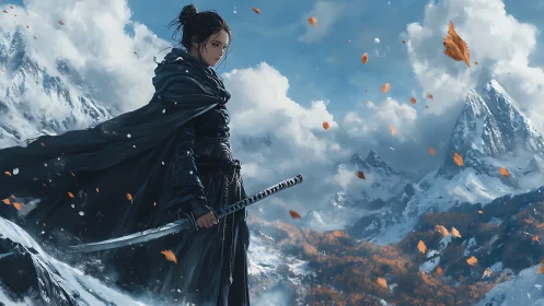 Cloaked swordswoman in snowy mountain pass, leaves swirling.