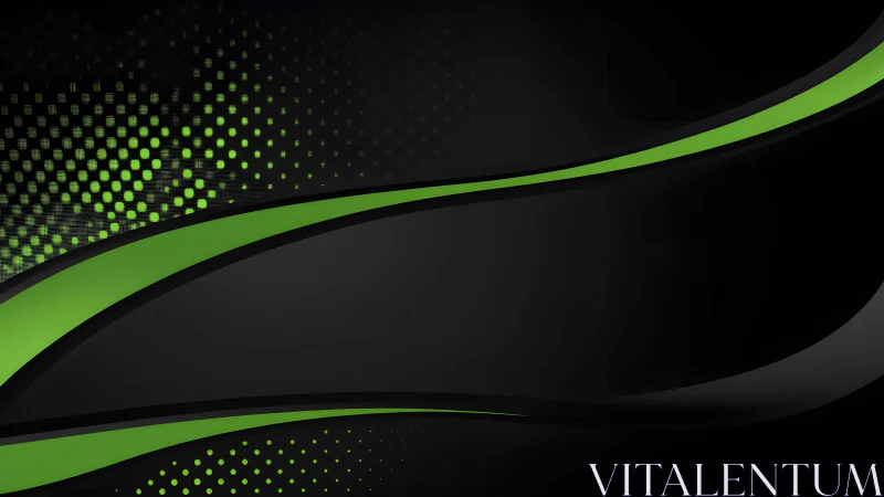Abstract black background with green curved lines and dot pattern.