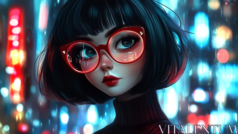 Neon-lit portrait of cyber-optic girl with reflective lenses.