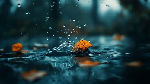 Orange leaf floats in shallow water as raindrops splash sharply