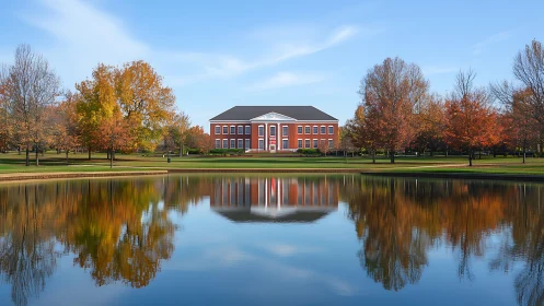 Symmetrical campus lake reflection frames neoclassical hall