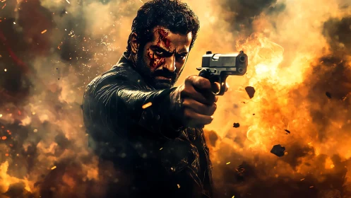 Battle-scarred gunman advances through blazing explosions.