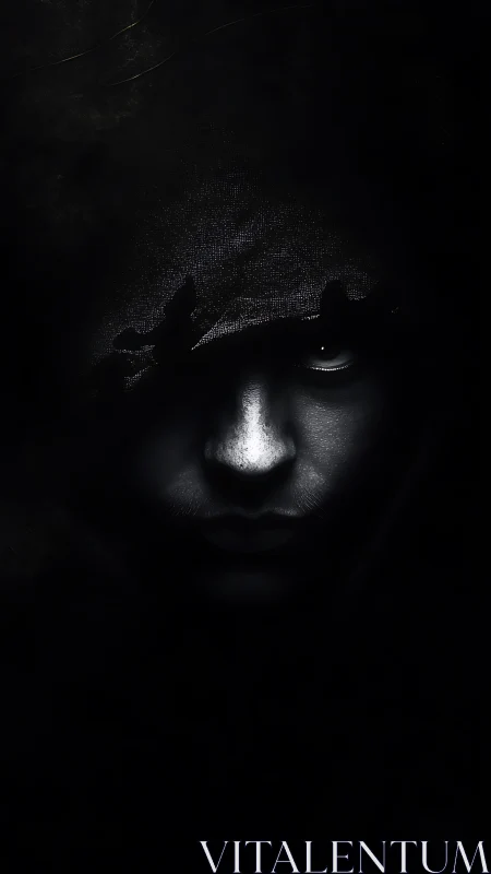 Shrouded face in deep shadow with single lit eye.