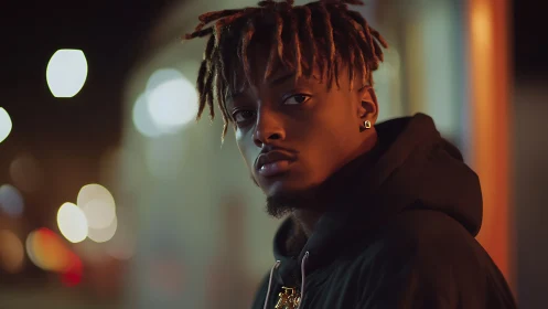 Moody street portrait bathed in warm urban night lights.