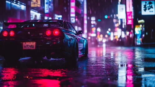 Neon-lit Nissan Skyline GT-R in rainy cyberpunk night street
