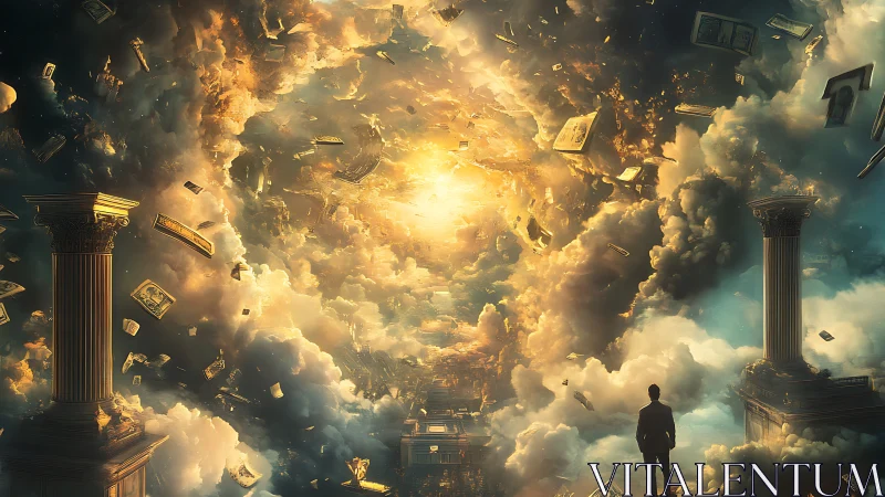 Man between columns observing money storm in clouds.