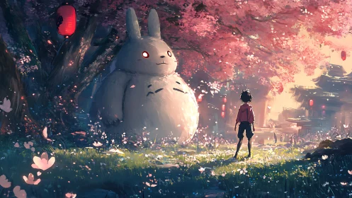 Boy observes large creature under glowing cherry blossoms