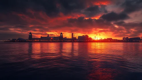Fiery waterfront skyline glows gently against the dark clouds