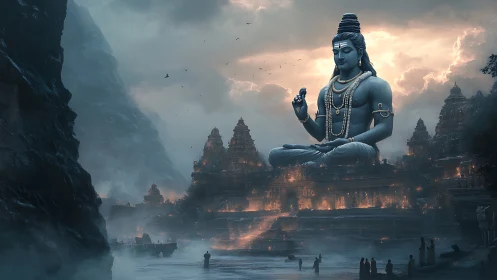 Serene mountain temple city beneath a luminous blue deity.