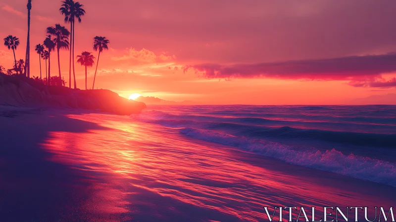 Sunset over tropical shoreline with vivid pink reflections.