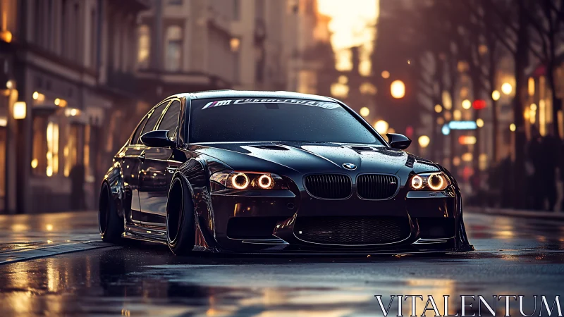 Widebody BMW sedan on wet city street at dusk, low stance.