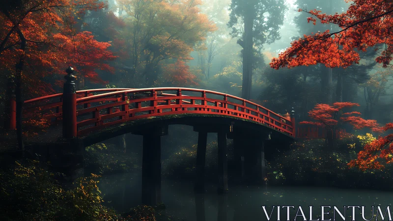 Red arched bridge spans misty forest pond in autumn light