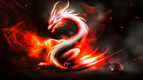 Coiled white fire dragon arcs through incandescent red flames