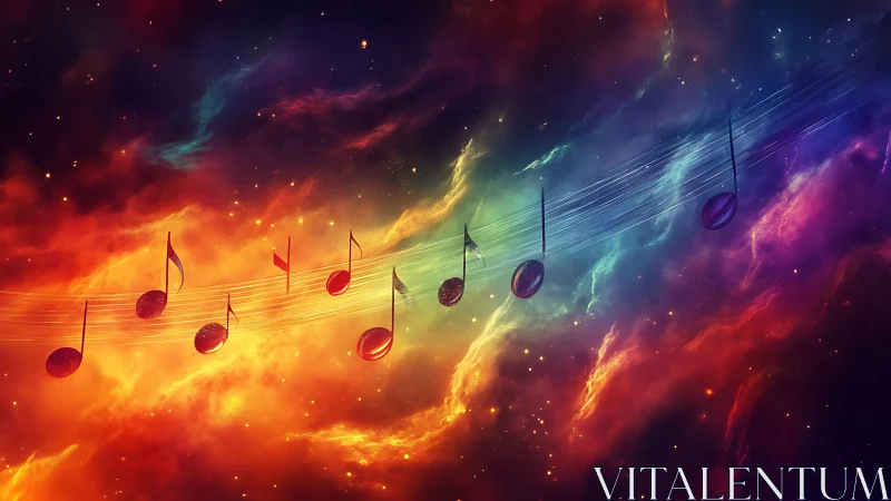 Cosmic music notes drift through a glowing nebula sky.