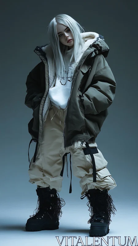 Streetwear portrait of silver haired model in oversized parka