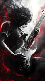 Silhouetted electric guitarist in red, black and white field.