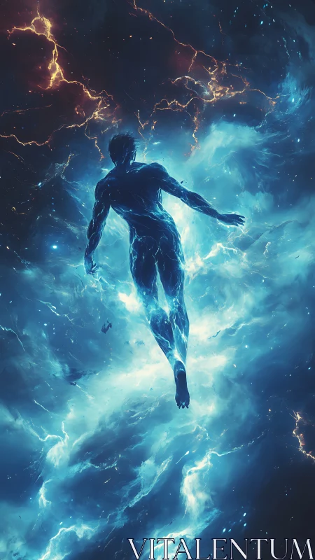 Plasma-etched astral figure ascending through ionized nebula.