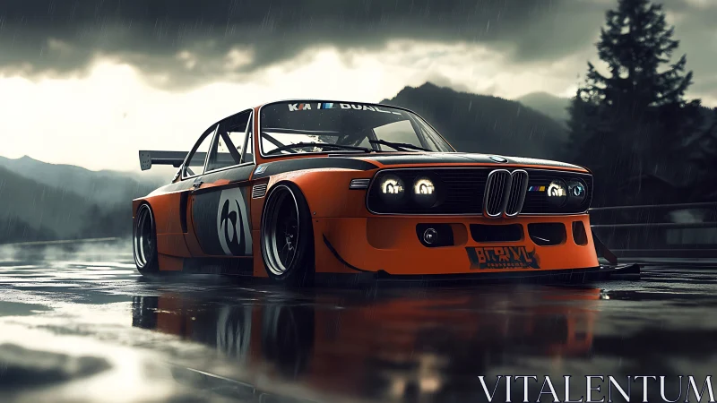 Retro BMW race car under stormy mountain rainstorm.