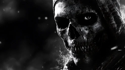 Hooded skull-faced specter stares from deep monochrome shadows.