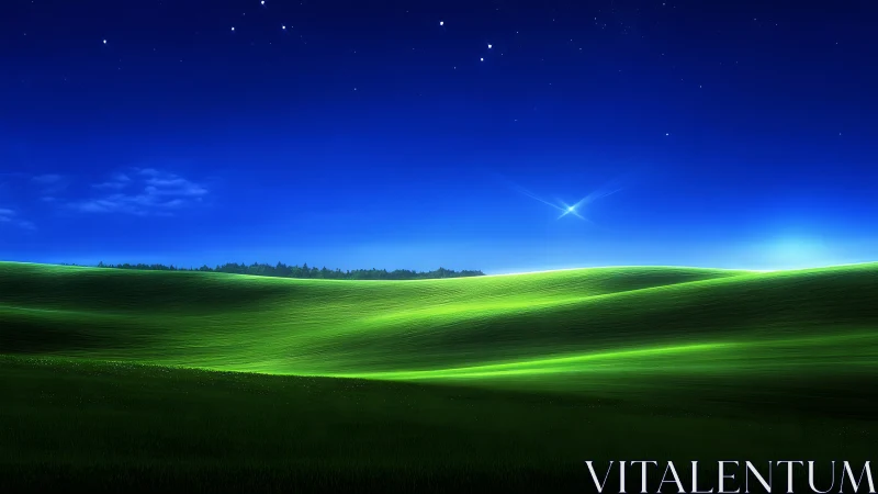 Digital nightscape over luminous rolling meadow forms.