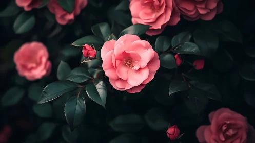 Pink garden roses on dark foliage background.